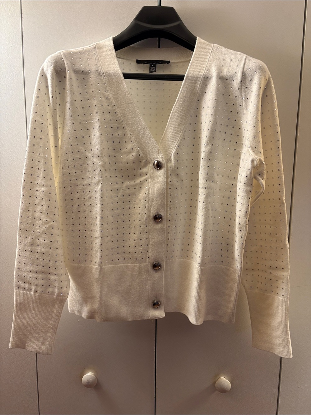 White House Black Market Cream Crystal Embellished Button-Front Cardigan